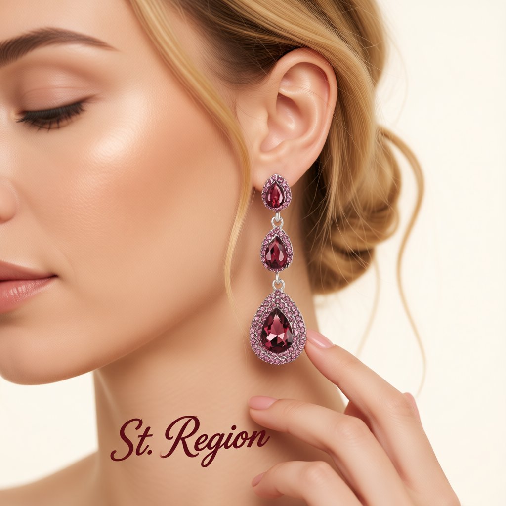 Burgundy Crystal and Cubic Zirconia Halo Stacked Teardrop Earrings, drop earrings for women, styled look