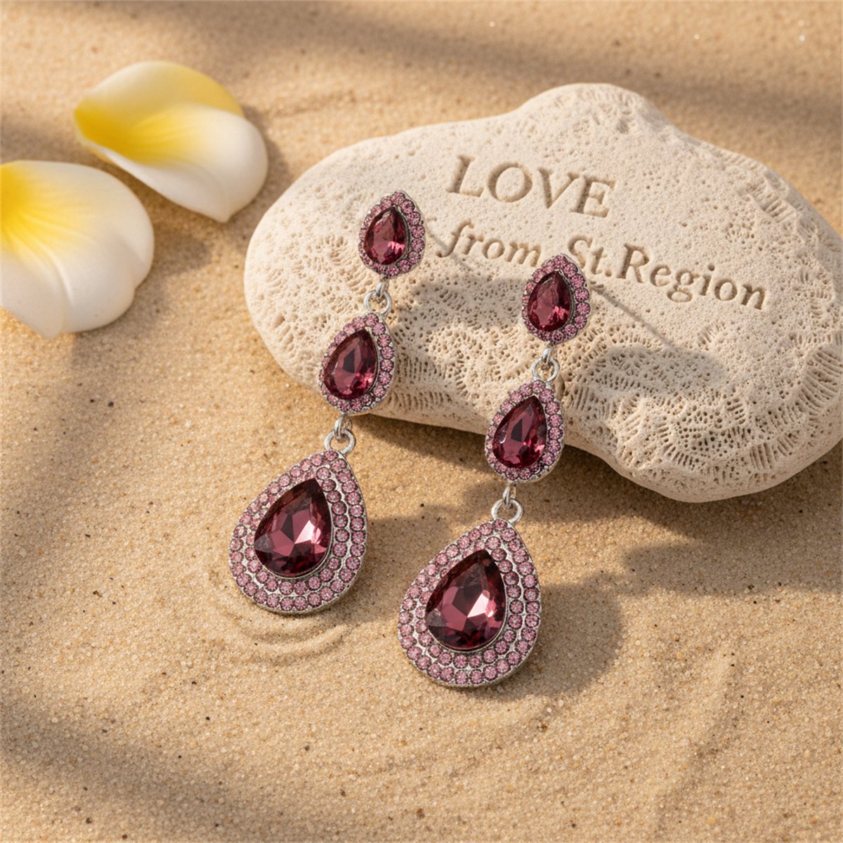 Burgundy Crystal and Cubic Zirconia Halo Stacked Teardrop Earrings, drop earrings for women, lifestyle look