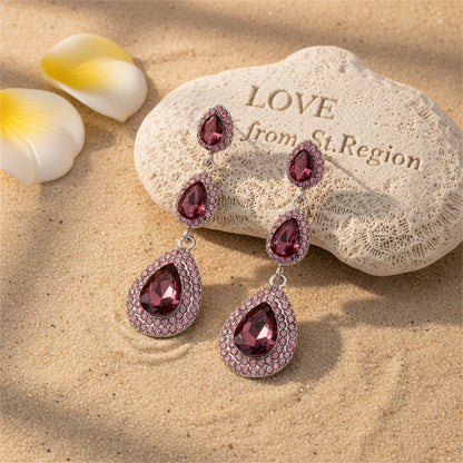 Burgundy Crystal and Cubic Zirconia Halo Stacked Teardrop Earrings, drop earrings for women, lifestyle look
