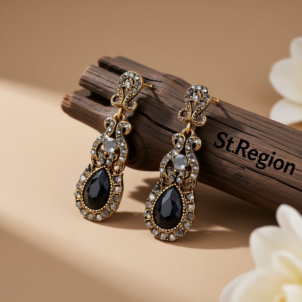 Black Crystal and Cubic Zirconia Botany Drop Earrings, drop earrings for women, elegant gift for her, front view