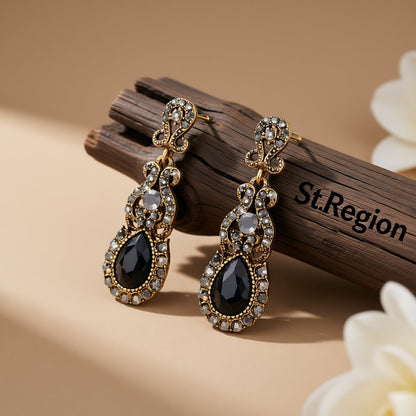 Black Crystal and Cubic Zirconia Botany Drop Earrings, drop earrings for women, elegant gift for her, front view