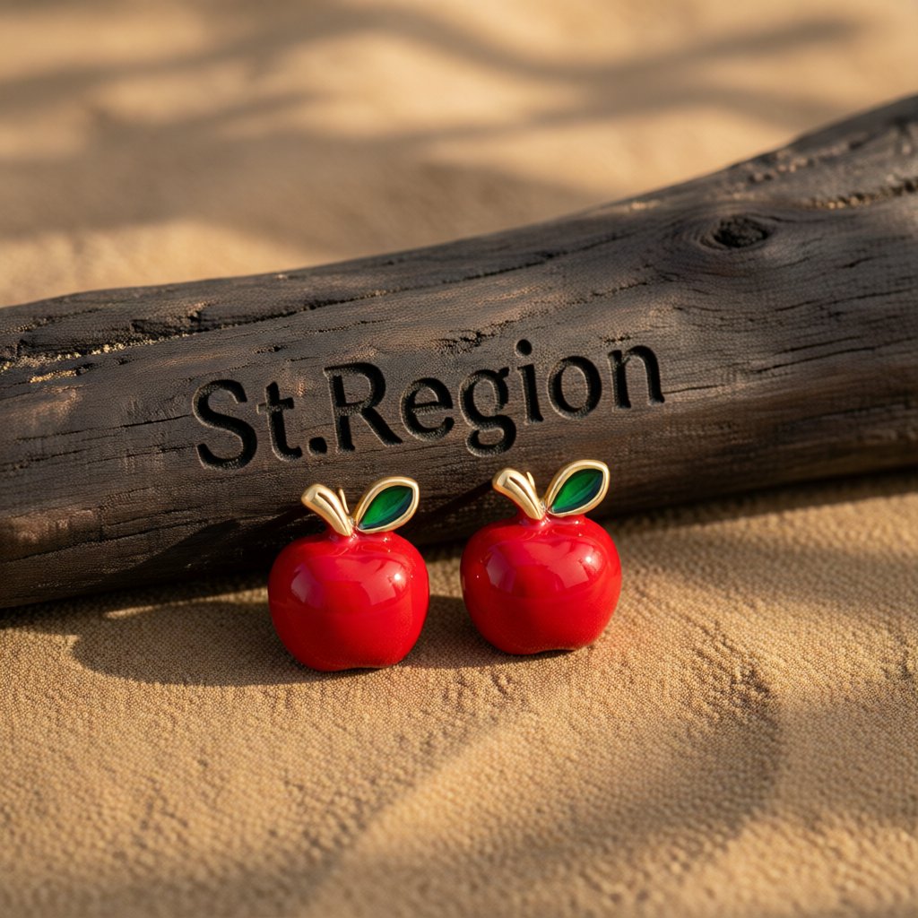 Red Enamel and 18K Gold-Plated Apple Stud Earrings, cubic zirconia stud earrings for women, front view