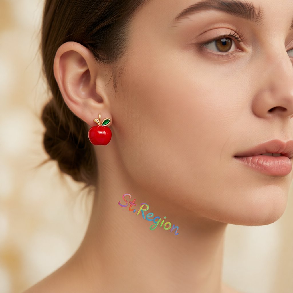 Red Enamel and 18K Gold-Plated Apple Stud Earrings, cubic zirconia stud earrings for women, styled look