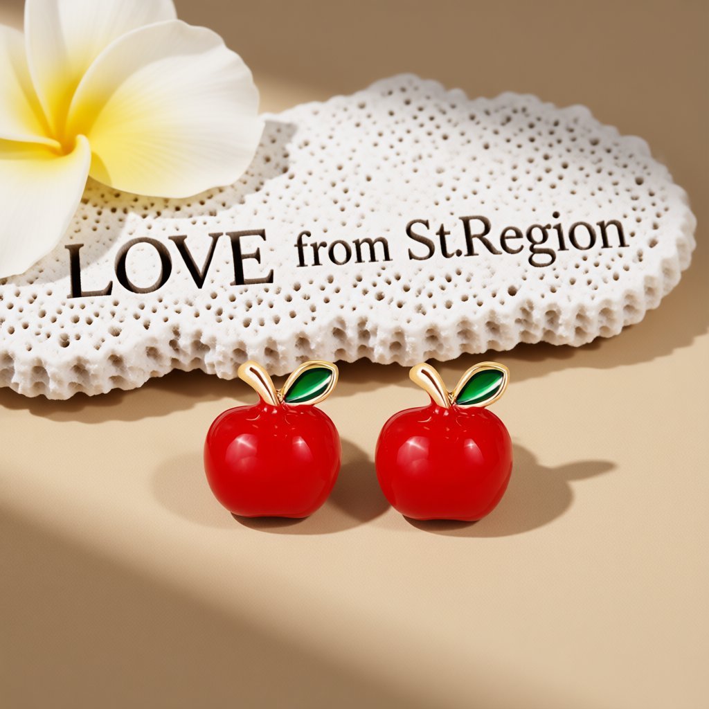 Red Enamel and 18K Gold-Plated Apple Stud Earrings, cubic zirconia stud earrings for women, lifestyle look