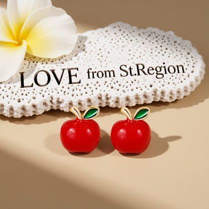 Red Enamel and 18K Gold-Plated Apple Stud Earrings, cubic zirconia stud earrings for women, lifestyle look