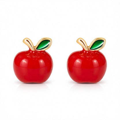 Red Enamel and 18K Gold-Plated Apple Stud Earrings, cubic zirconia stud earrings for women, side view