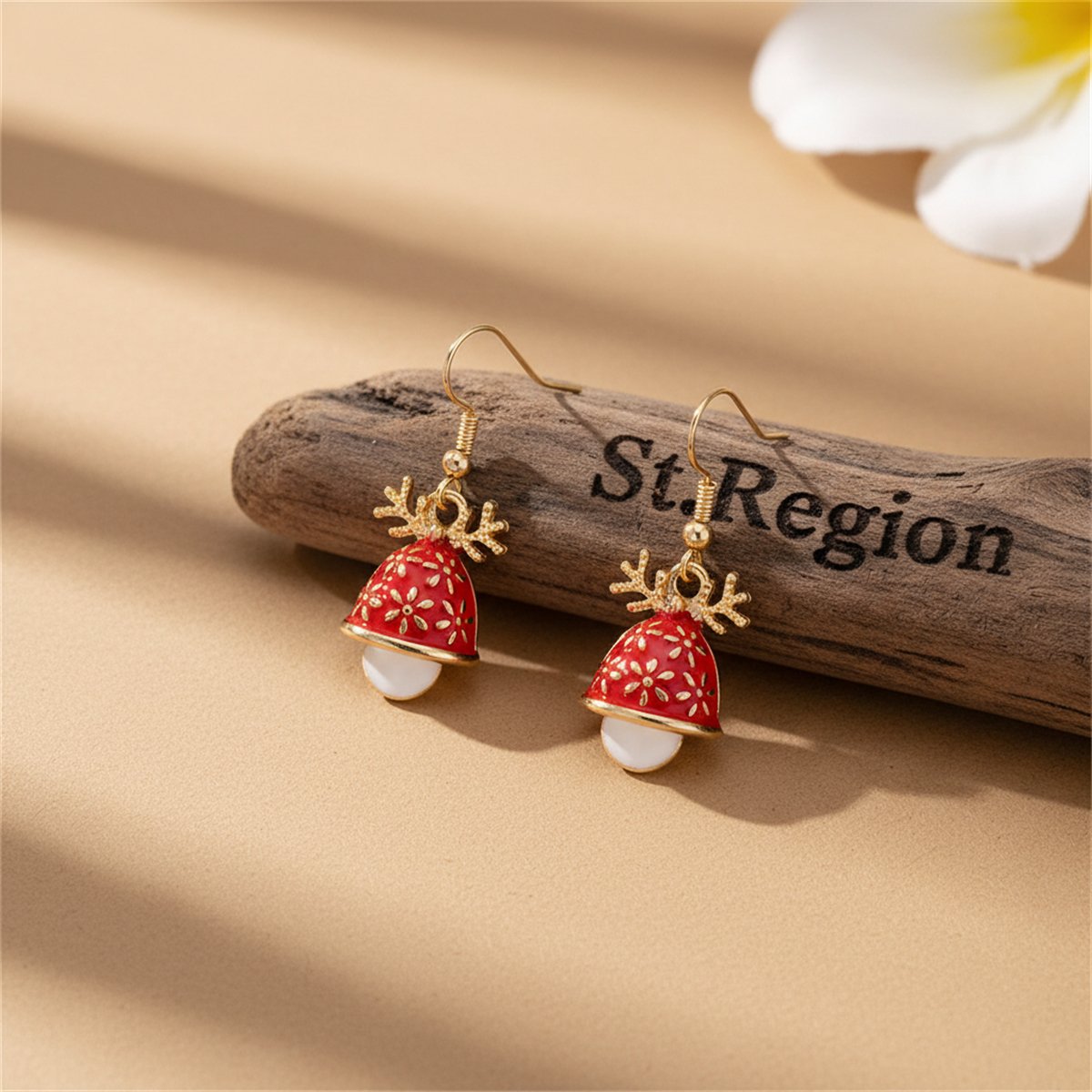 Red Enamel and 18K Gold-Plated Antler Bell Drop Earrings, gold drop earrings for women, everyday style, front view