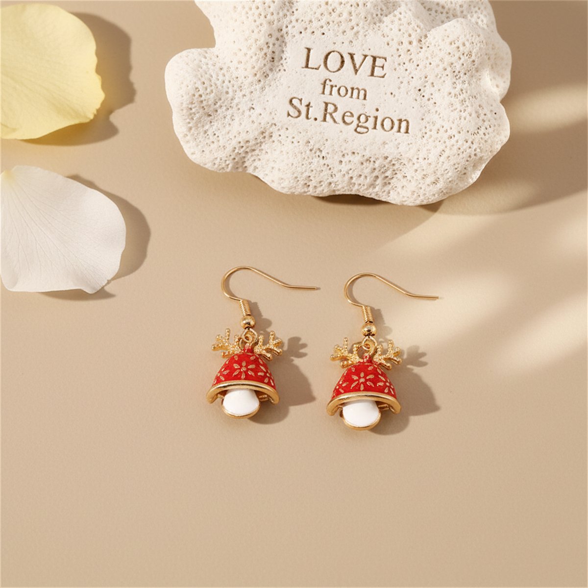 Red Enamel and 18K Gold-Plated Antler Bell Drop Earrings, gold drop earrings for women, everyday style, lifestyle look