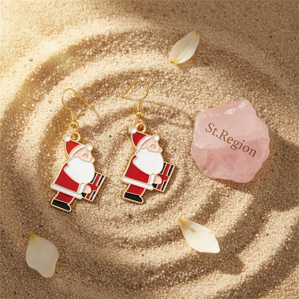 Red Enamel and 18K Gold-Plated Santa and Gift Drop Earrings, gold drop earrings for women, detail close-up