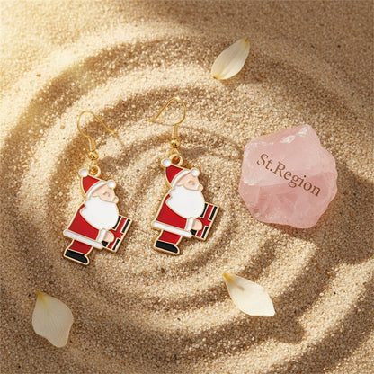 Red Enamel and 18K Gold-Plated Santa and Gift Drop Earrings, gold drop earrings for women, detail close-up
