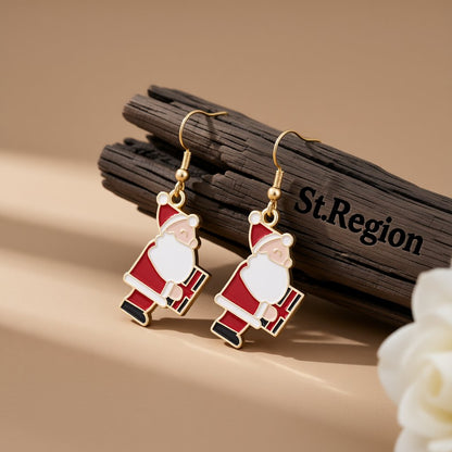 Red Enamel and 18K Gold-Plated Santa and Gift Drop Earrings, gold drop earrings for women, front view