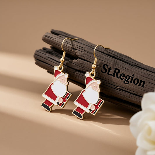Red Enamel and 18K Gold-Plated Santa and Gift Drop Earrings, gold drop earrings for women, front view