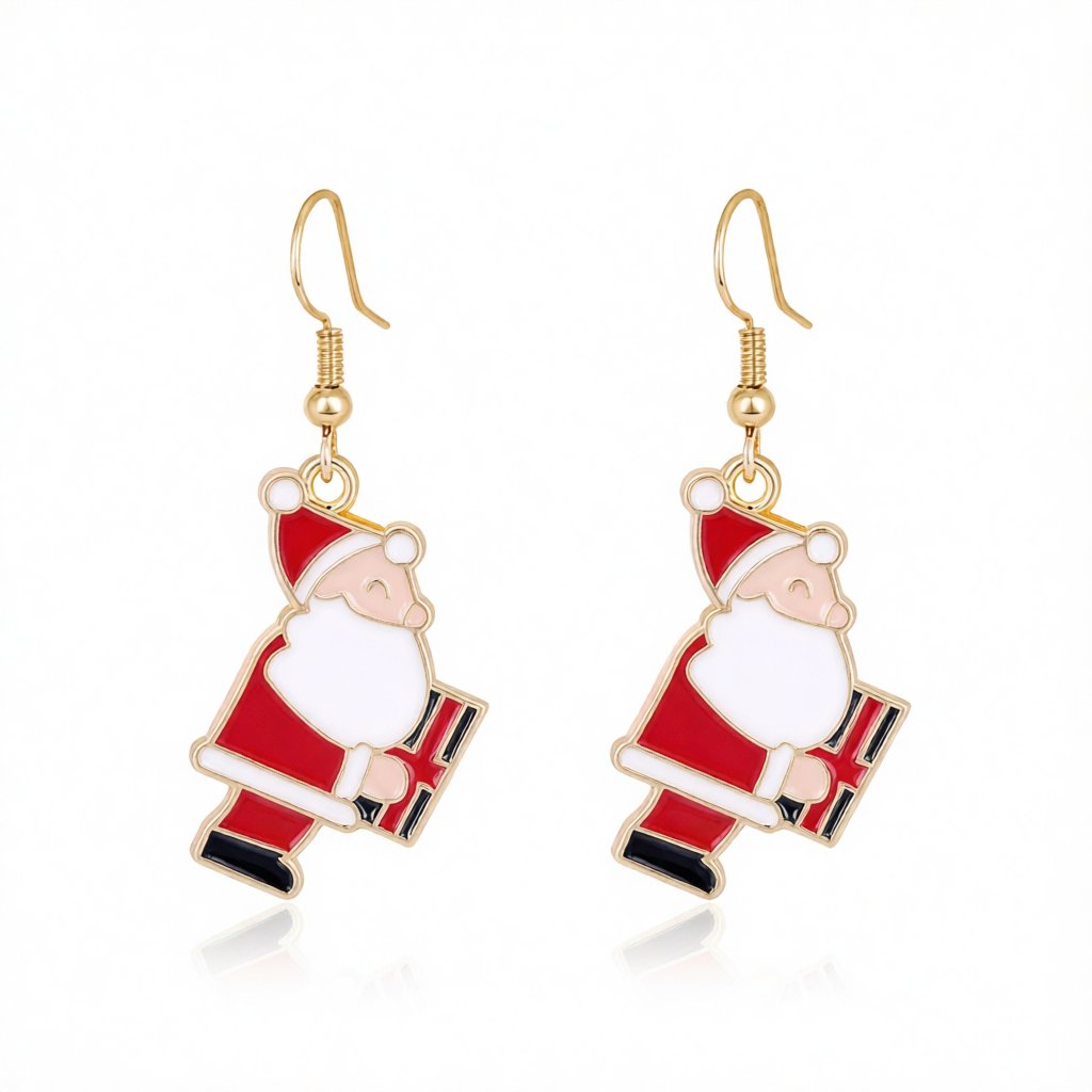 Red Enamel and 18K Gold-Plated Santa and Gift Drop Earrings, gold drop earrings for women, side view