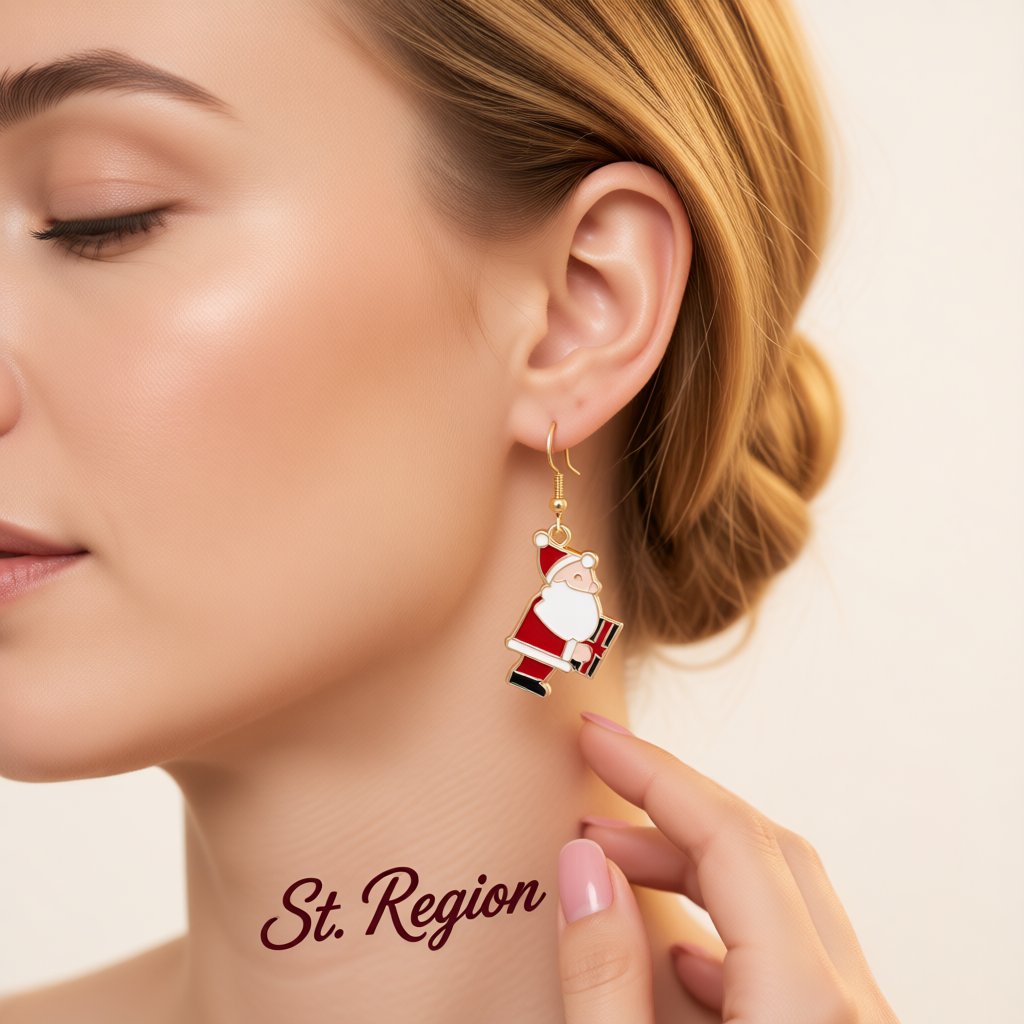 Red Enamel and 18K Gold-Plated Santa and Gift Drop Earrings, gold drop earrings for women, styled look