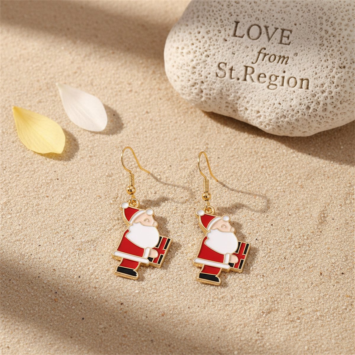 Red Enamel and 18K Gold-Plated Santa and Gift Drop Earrings, gold drop earrings for women, lifestyle look