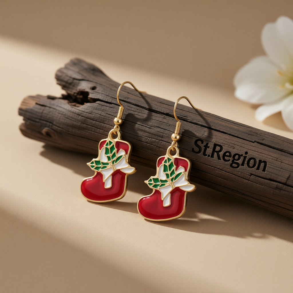 Red Enamel and 18K Gold-Plated Stocking Drop Earrings, gold drop earrings for women, everyday style, front view