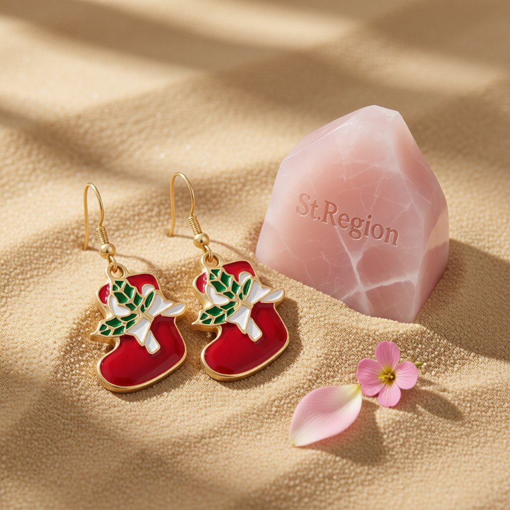 Red Enamel and 18K Gold-Plated Stocking Drop Earrings, gold drop earrings for women, everyday style, detail close-up
