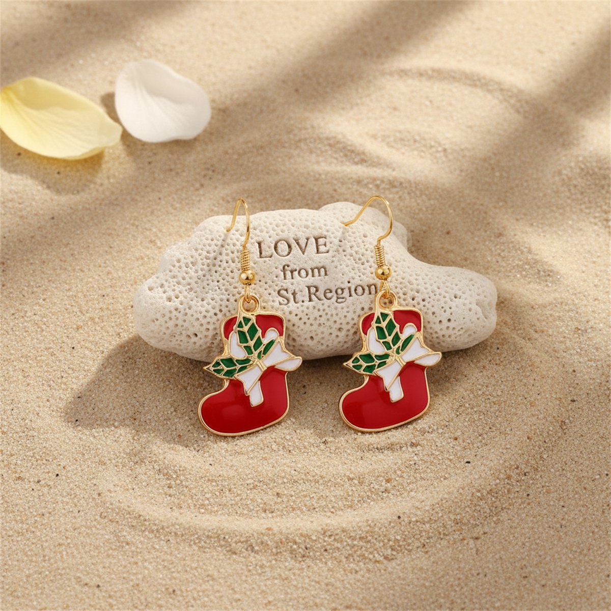 Red Enamel and 18K Gold-Plated Stocking Drop Earrings, gold drop earrings for women, everyday style, lifestyle look