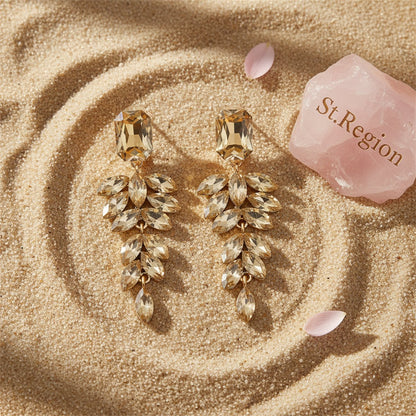 Champagne Crystal and 18K Gold-Plated Botanical Drop Earrings, gold drop earrings for women, detail close-up