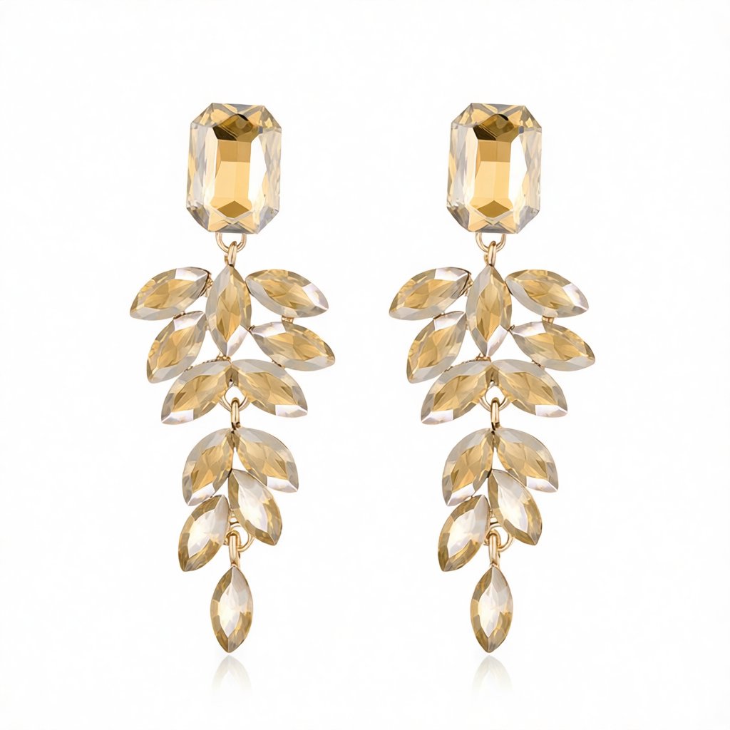 Champagne Crystal and 18K Gold-Plated Botanical Drop Earrings, gold drop earrings for women, elegant gift for her, side view