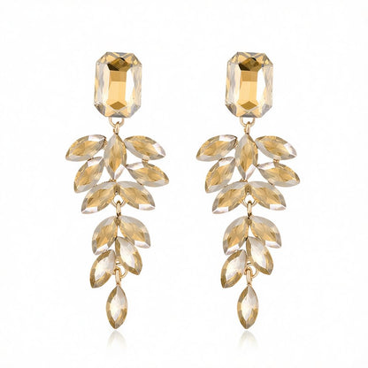 Champagne Crystal and 18K Gold-Plated Botanical Drop Earrings, gold drop earrings for women, elegant gift for her, side view