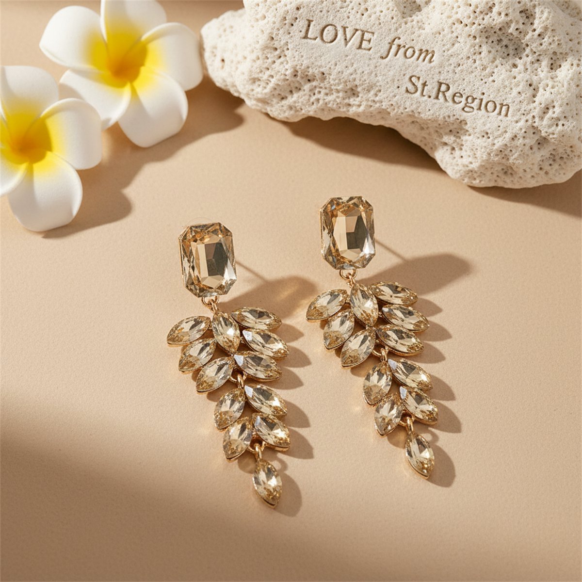 Champagne Crystal and 18K Gold-Plated Botanical Drop Earrings, gold drop earrings for women, lifestyle look