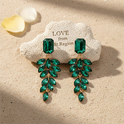 Green Crystal and 18K Gold-Plated Botanical Drop Earrings, gold drop earrings for women, everyday style, lifestyle look