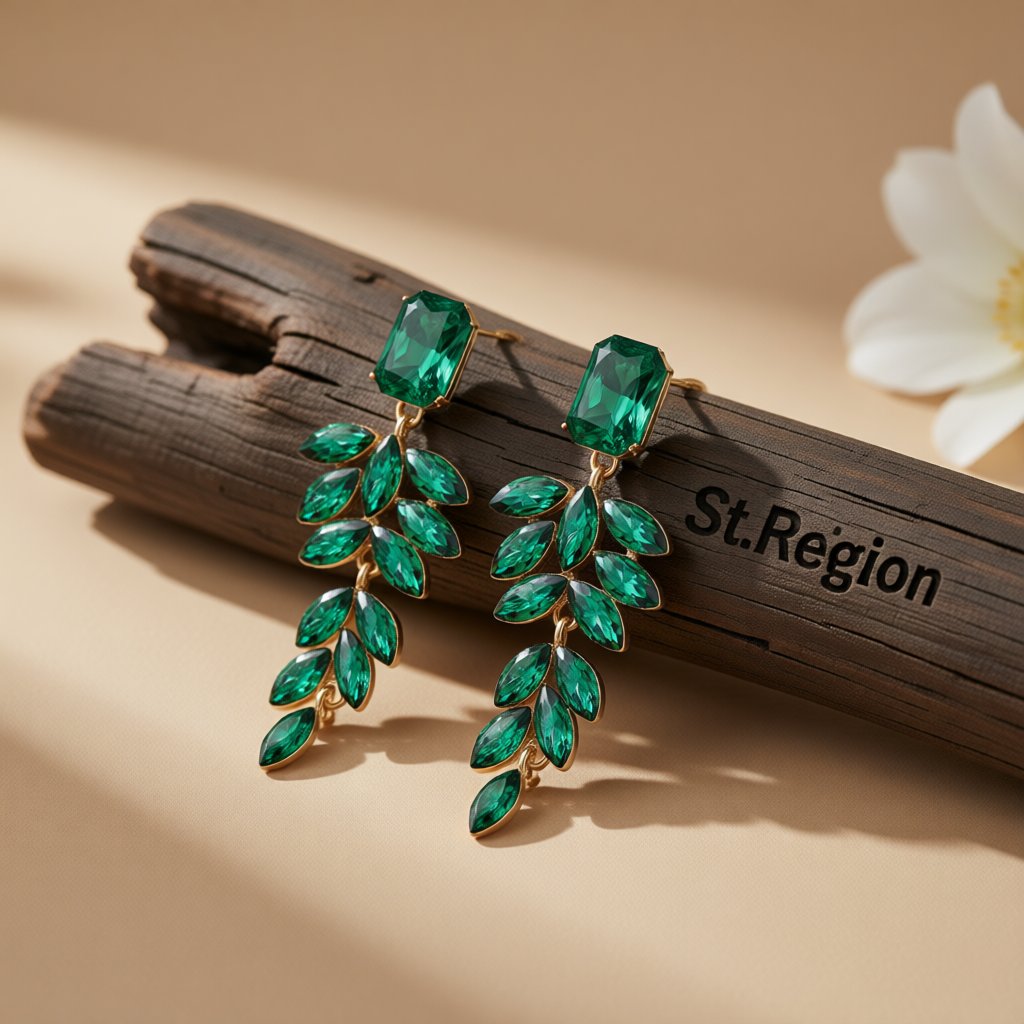 Green Crystal and 18K Gold-Plated Botanical Drop Earrings, gold drop earrings for women, everyday style, front view