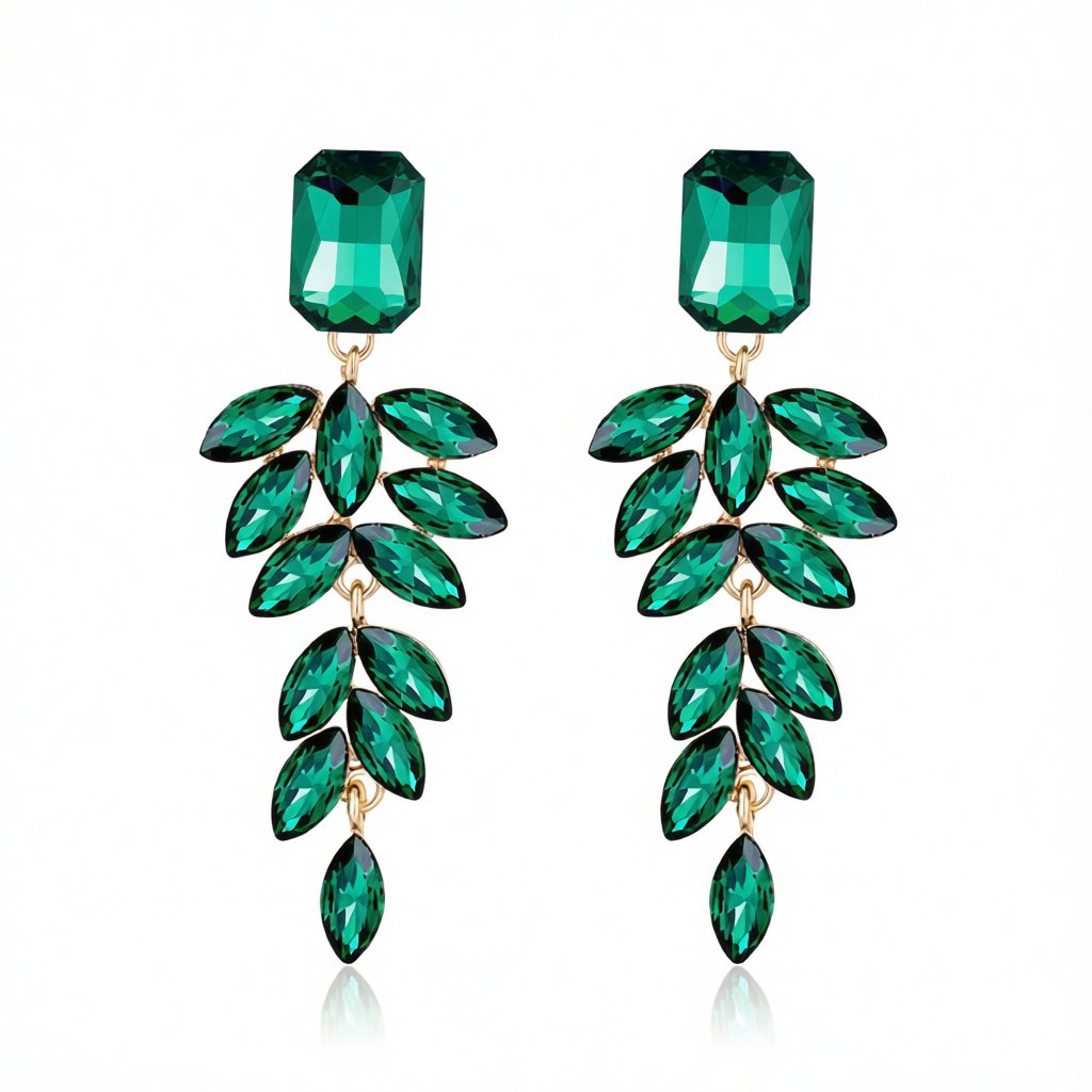 Green Crystal and 18K Gold-Plated Botanical Drop Earrings, gold drop earrings for women, everyday style, side view