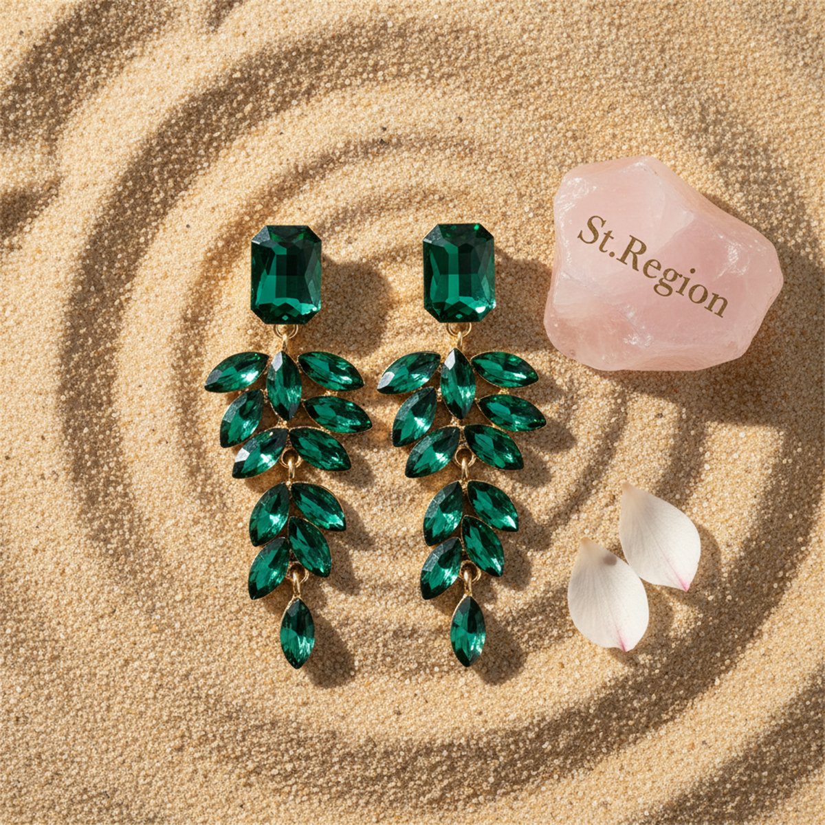 Green Crystal and 18K Gold-Plated Botanical Drop Earrings, gold drop earrings for women, everyday style, detail close-up