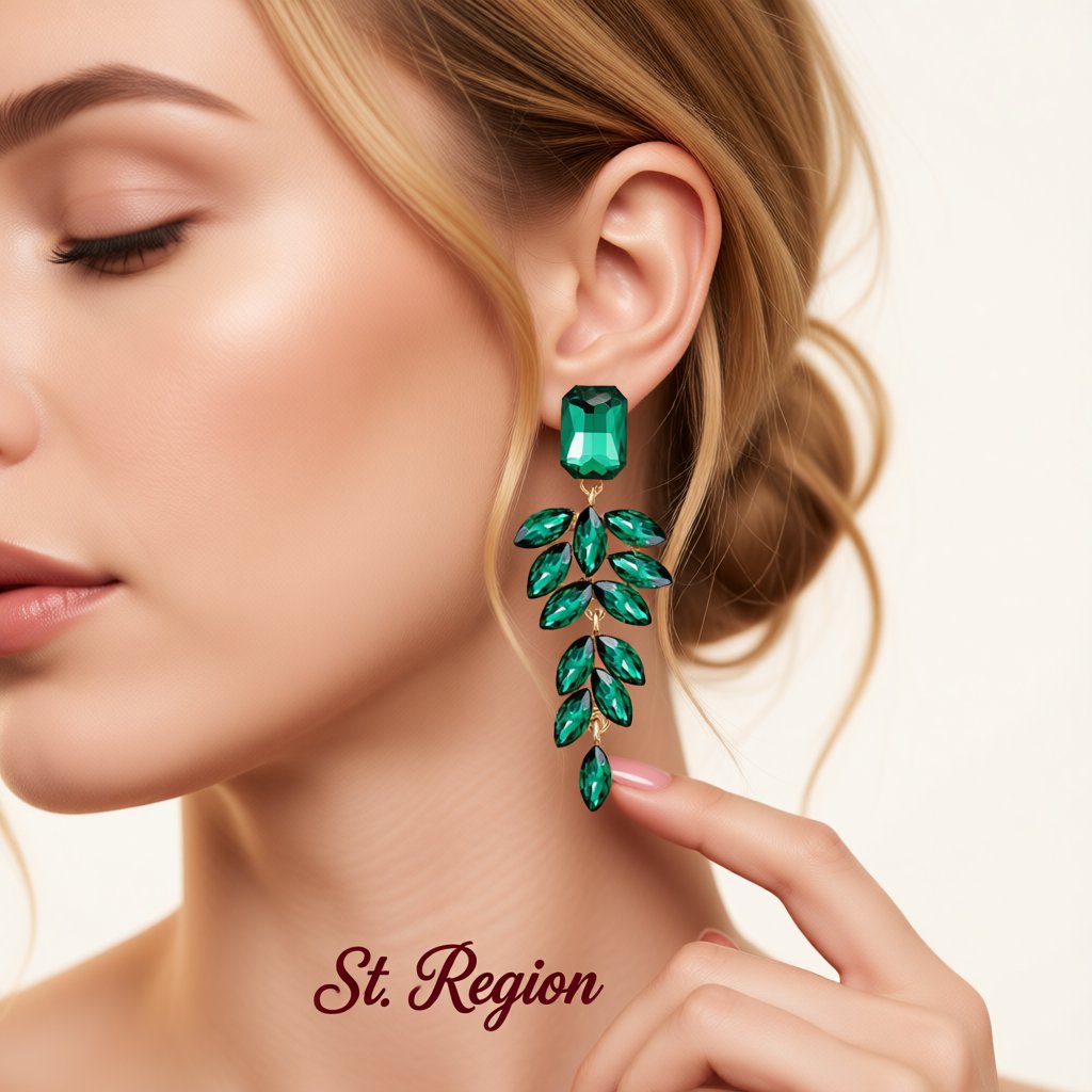 Green Crystal and 18K Gold-Plated Botanical Drop Earrings, gold drop earrings for women, everyday style, styled look