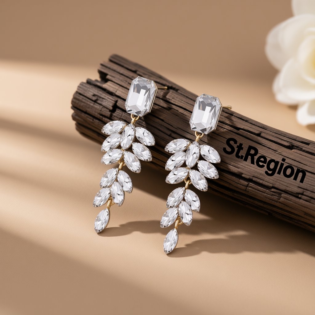 White Crystal and 18K Gold-Plated Botanical Dangle Earring, gold drop earrings for women, botanical inspired, front view