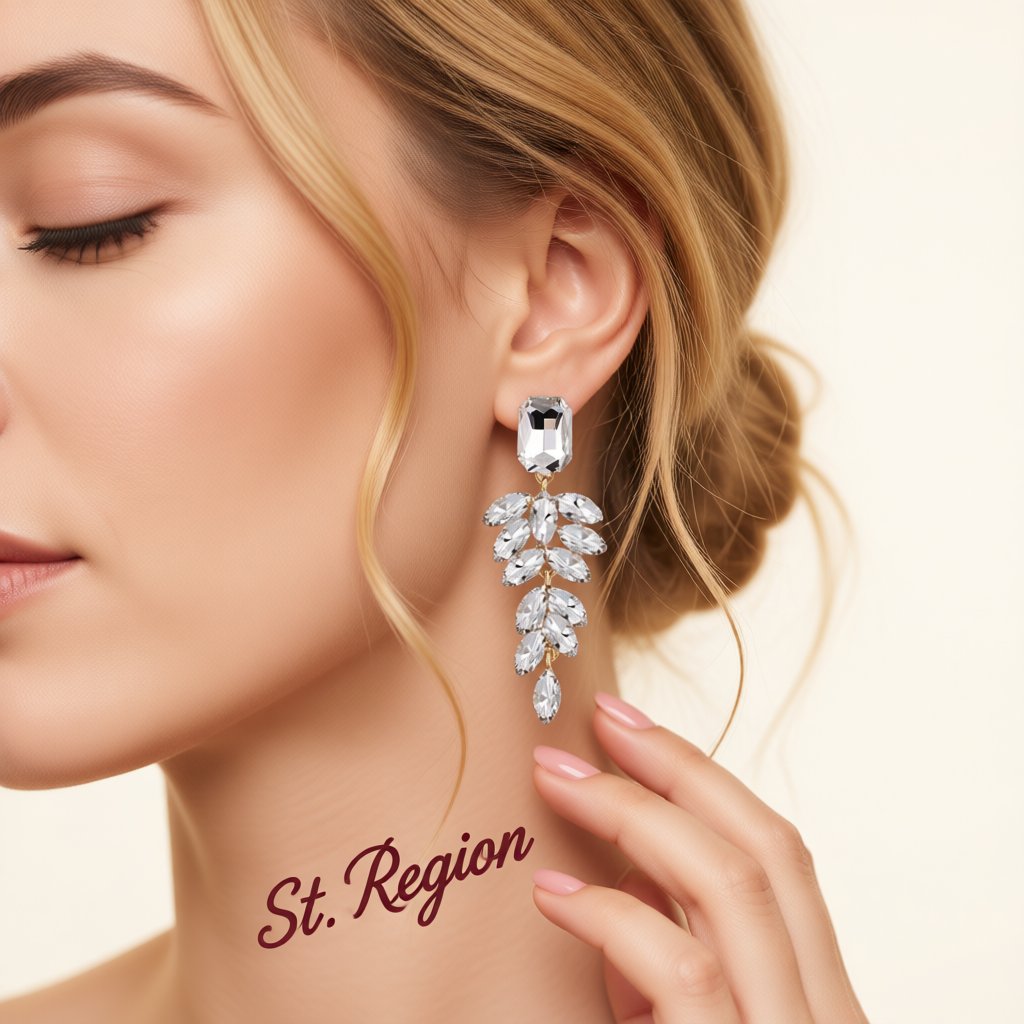 White Crystal and 18K Gold-Plated Botanical Dangle Earring, gold drop earrings for women, botanical inspired, styled look