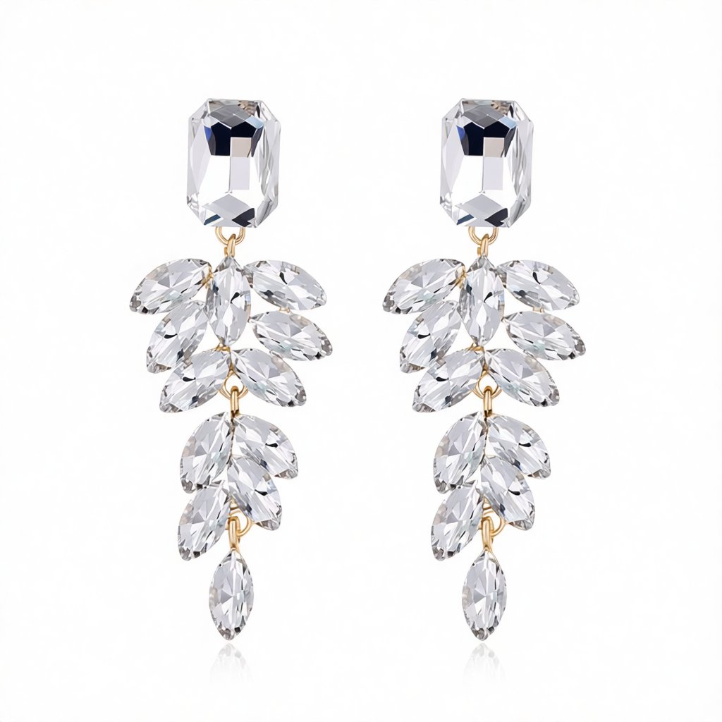 White Crystal and 18K Gold-Plated Botanical Dangle Earring, gold drop earrings for women, botanical inspired, side view