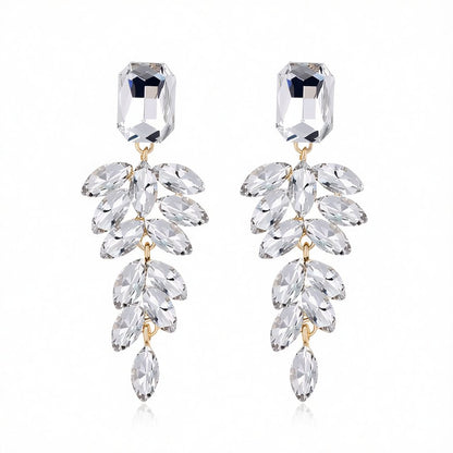 White Crystal and 18K Gold-Plated Botanical Dangle Earring, gold drop earrings for women, botanical inspired, side view