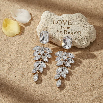 White Crystal and 18K Gold-Plated Botanical Dangle Earring, gold drop earrings for women, botanical inspired, lifestyle look