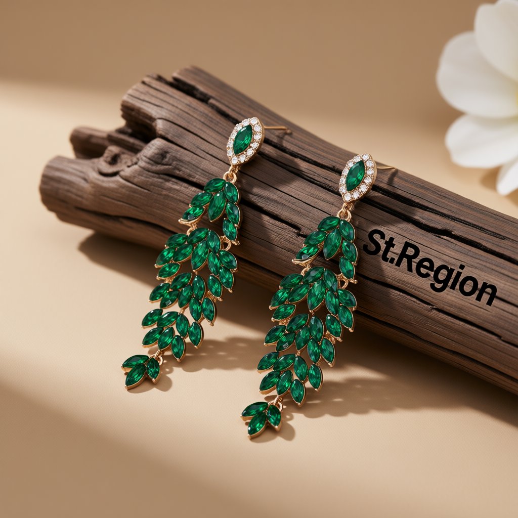 Green Crystal and Clear Cubic Zirconia Marquise Botanical Drop Earrings, drop earrings for women, front view