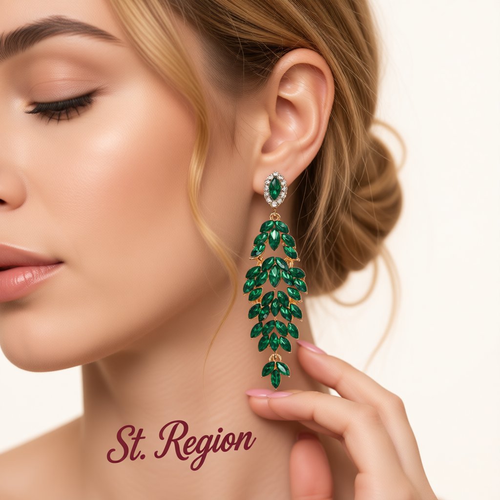 Green Crystal and Clear Cubic Zirconia Marquise Botanical Drop Earrings, drop earrings for women, styled look