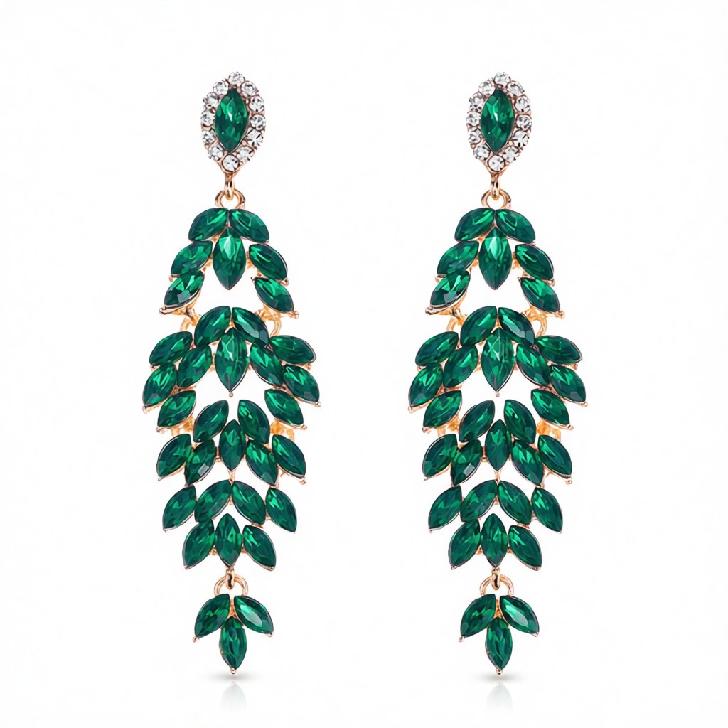 Green Crystal and Clear Cubic Zirconia Marquise Botanical Drop Earrings, drop earrings for women, side view
