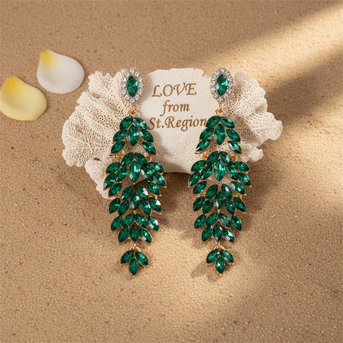 Green Crystal and Clear Cubic Zirconia Marquise Botanical Drop Earrings, drop earrings for women, lifestyle look