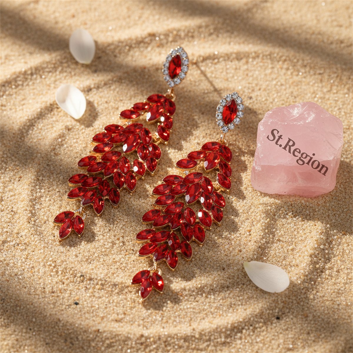 Red Crystal and Cubic Zirconia Geometric Drop Earrings, drop earrings for women, detail close-up
