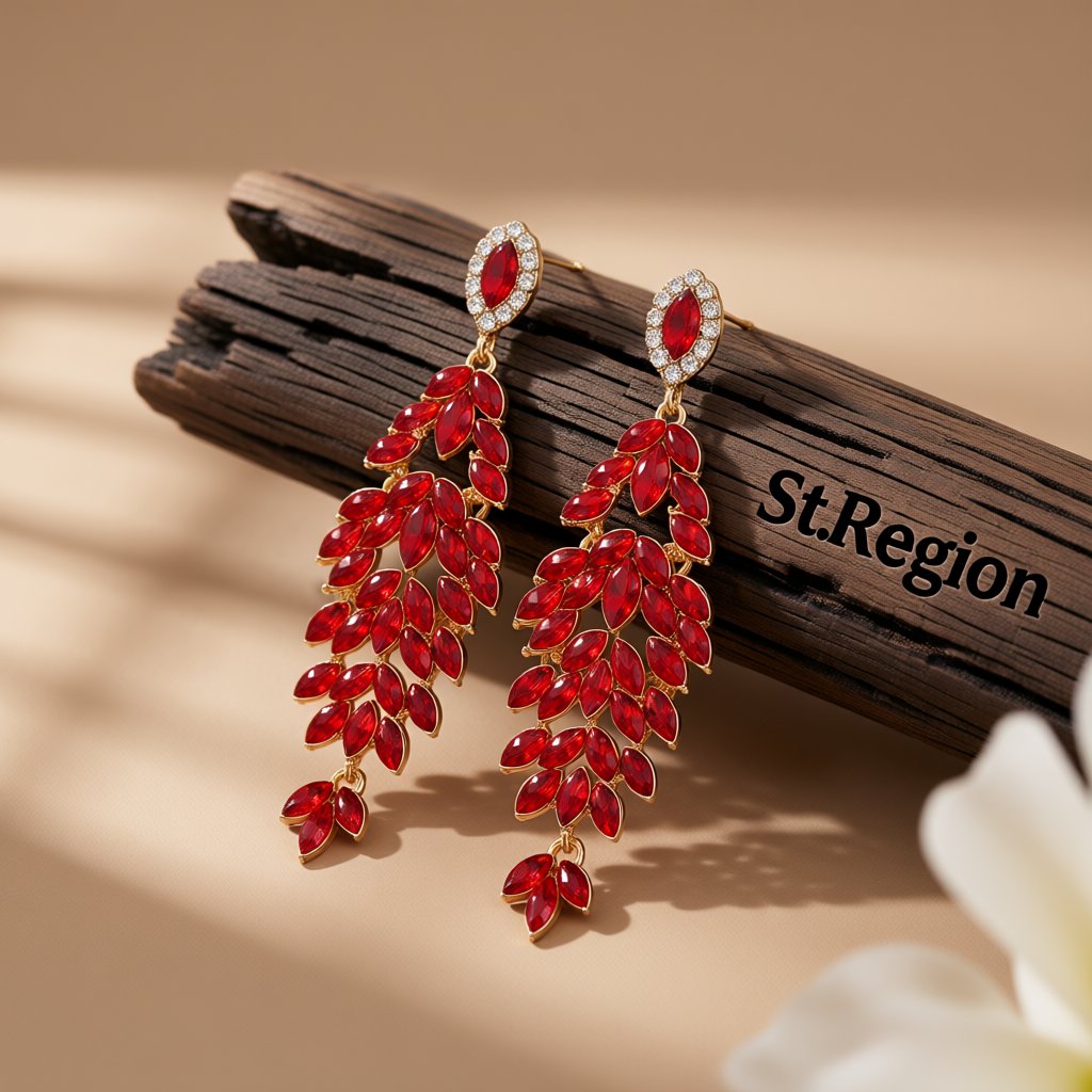 Red Crystal and Cubic Zirconia Geometric Drop Earrings, drop earrings for women, vintage-inspired design, front view