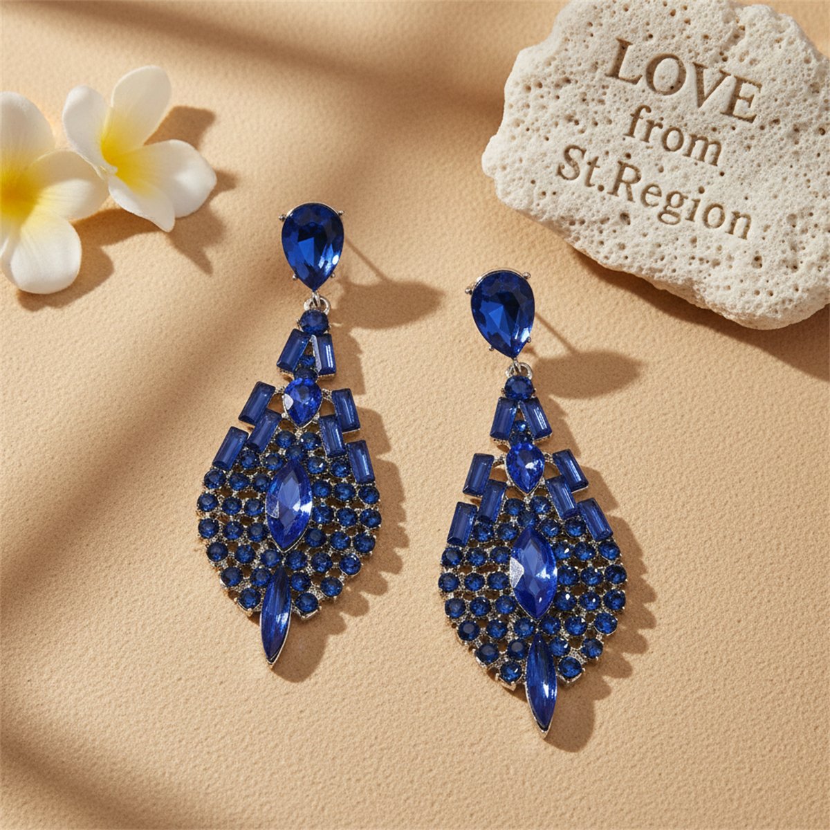 Blue Crystal and Cubic Zirconia Ornate Drop Earrings, drop earrings for women, dainty minimalist design, lifestyle look