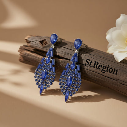 Blue Crystal and Cubic Zirconia Ornate Drop Earrings, drop earrings for women, dainty minimalist design, front view