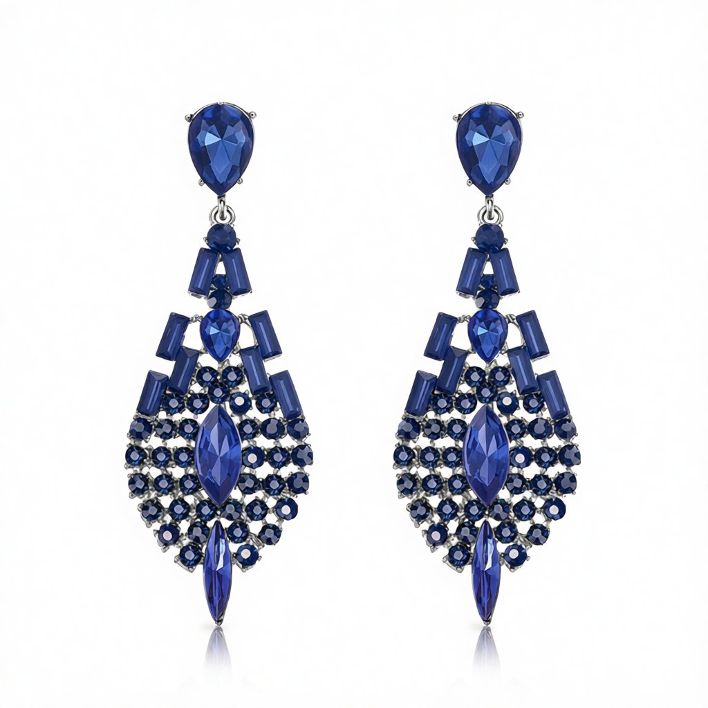 Blue Crystal and Cubic Zirconia Ornate Drop Earrings, drop earrings for women, dainty minimalist design, side view
