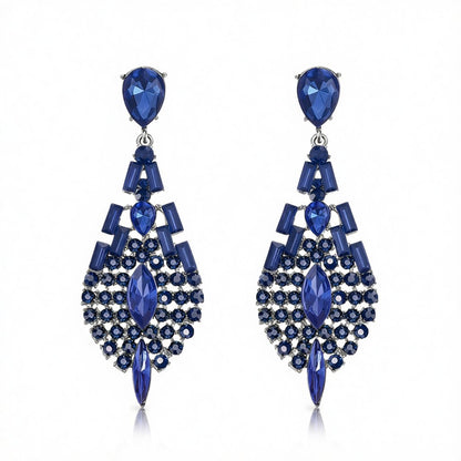 Blue Crystal and Cubic Zirconia Ornate Drop Earrings, drop earrings for women, dainty minimalist design, side view