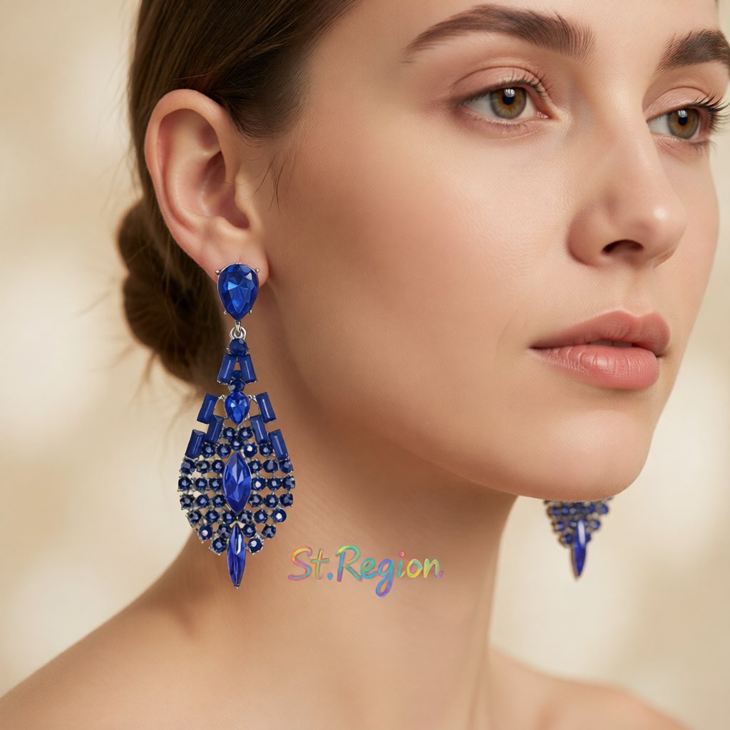 Blue Crystal and Cubic Zirconia Ornate Drop Earrings, drop earrings for women, dainty minimalist design, styled look