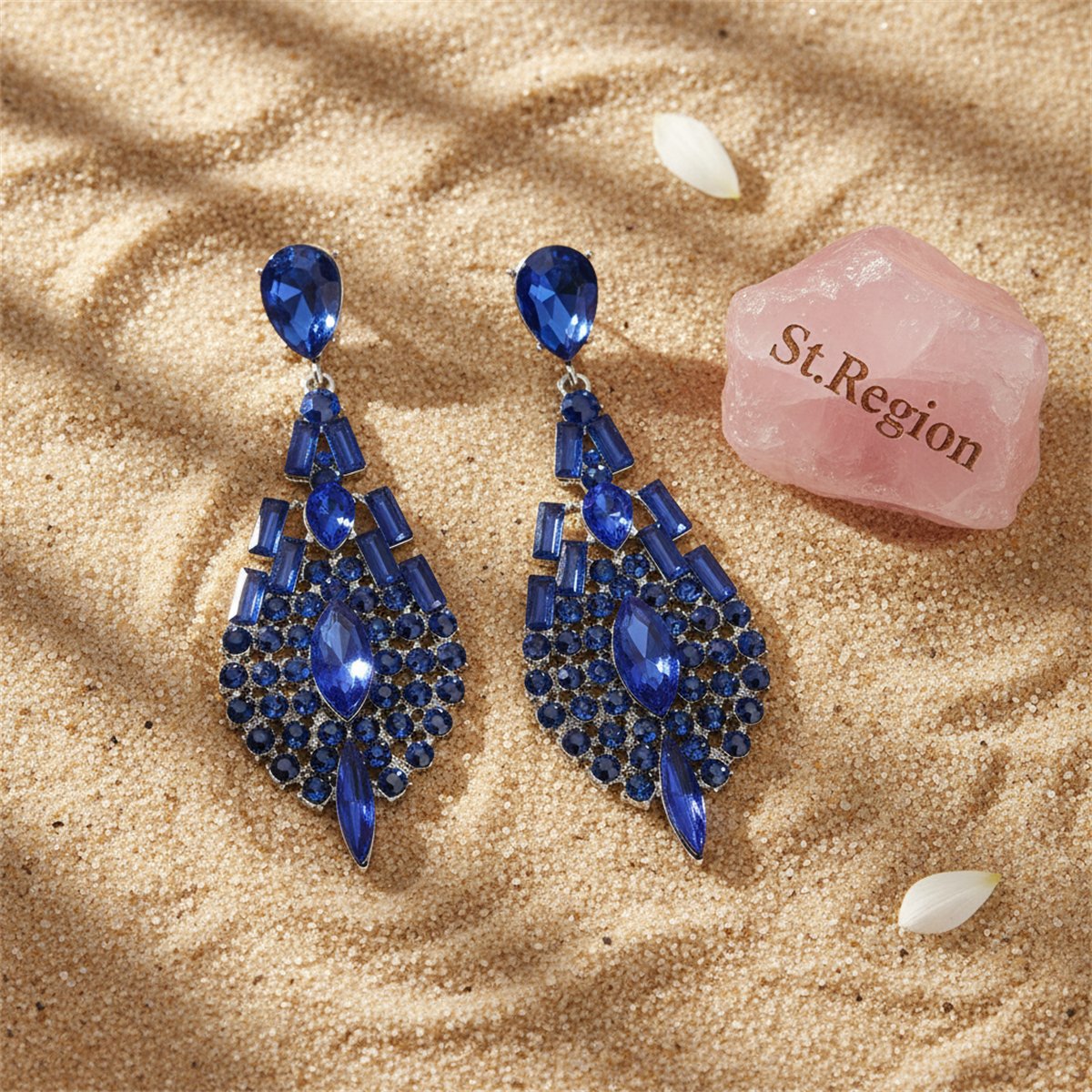 Blue Crystal and Cubic Zirconia Ornate Drop Earrings, drop earrings for women, dainty minimalist design, detail close-up