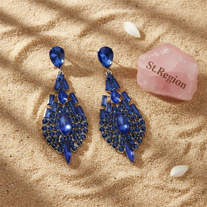 Blue Crystal and Cubic Zirconia Ornate Drop Earrings, drop earrings for women, dainty minimalist design, detail close-up