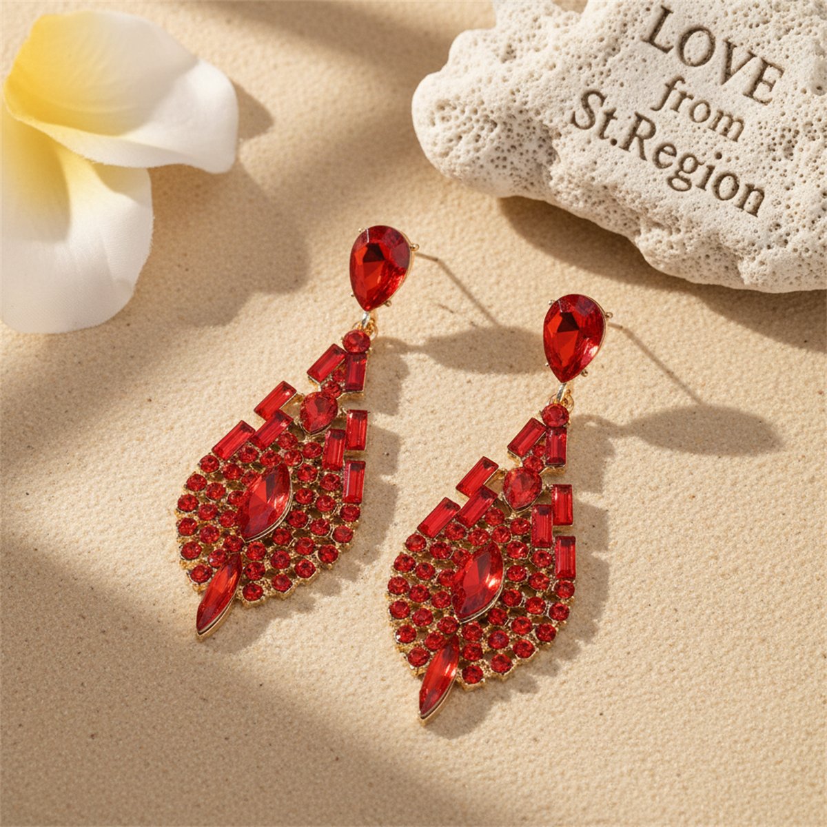 Red Crystal and Cubic Zirconia Ornate Drop Earrings, drop earrings for women, dainty minimalist design, lifestyle look